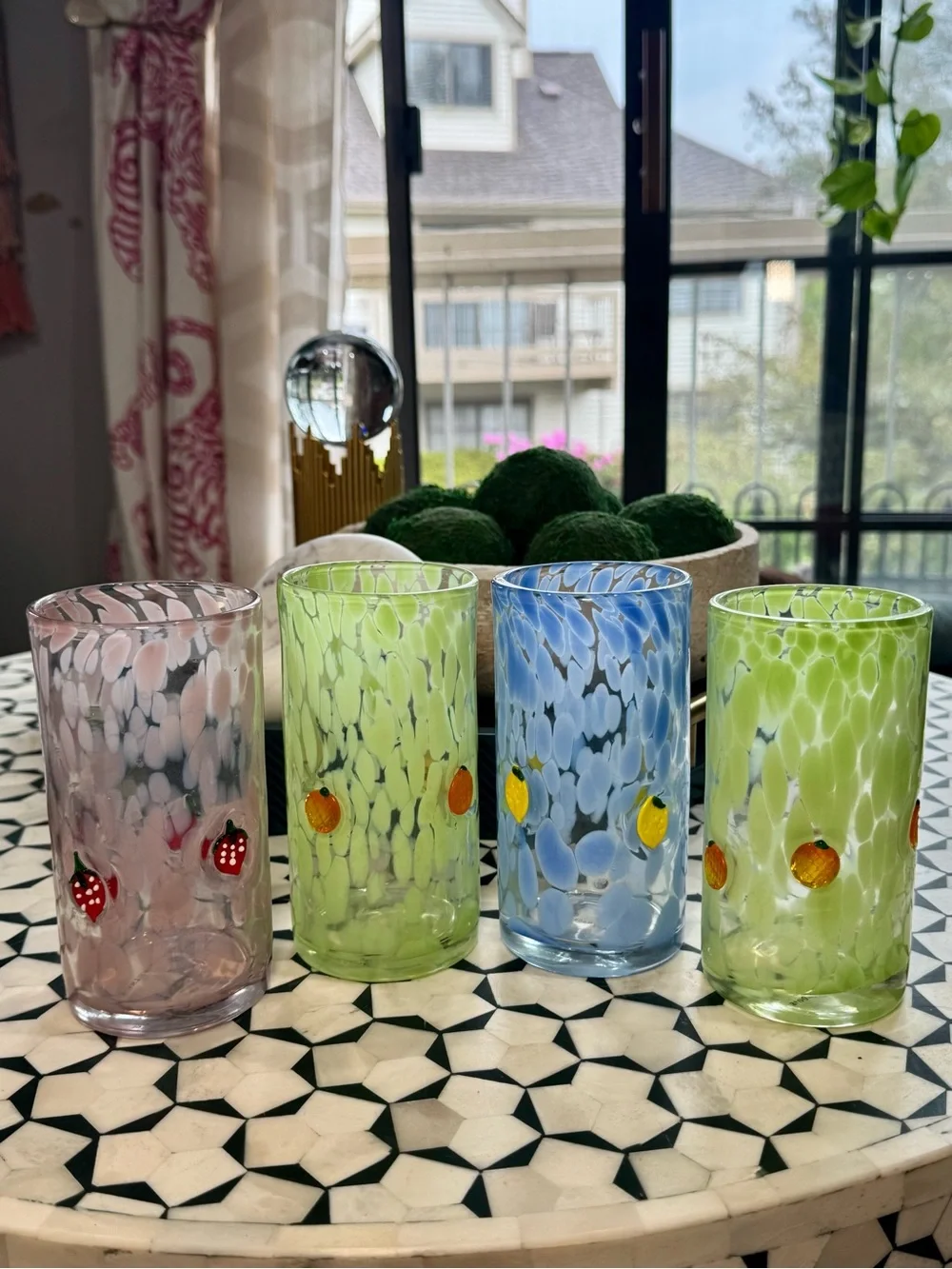 🍊🍊🍊Anthropologie Fruit Lacey Highball Glass‎ Tumbler Cup in green & oranges